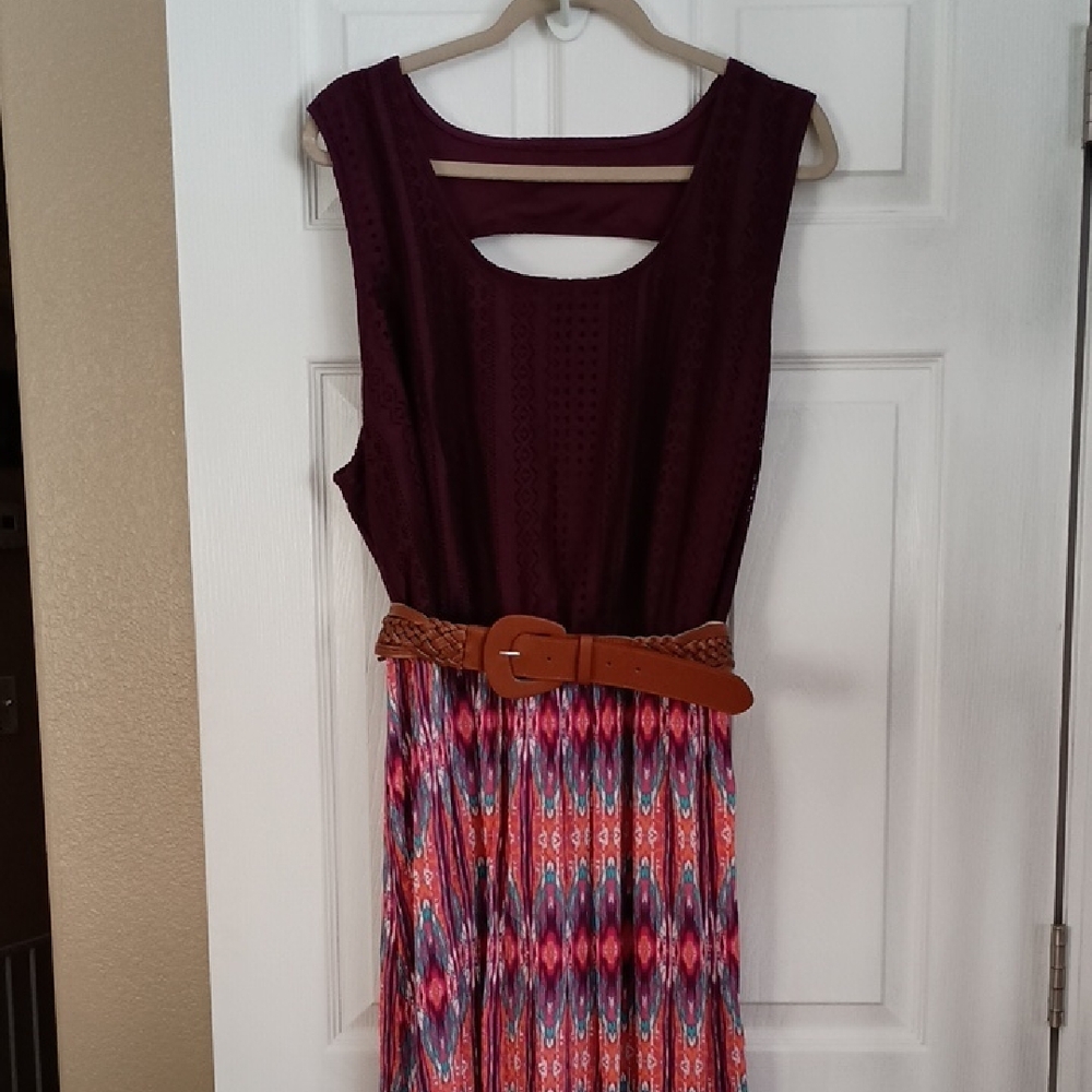 New! Faded Glory Size 3X Print Maxi Dress with Braided Belt (y555)